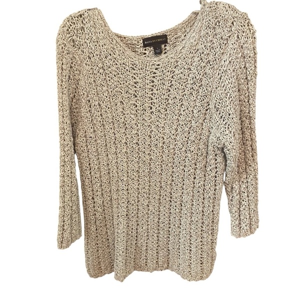 Dana Buchman Open Knit Crochet Sweater Size L Oatmeal Built in Camisole Boho - Picture 8 of 14